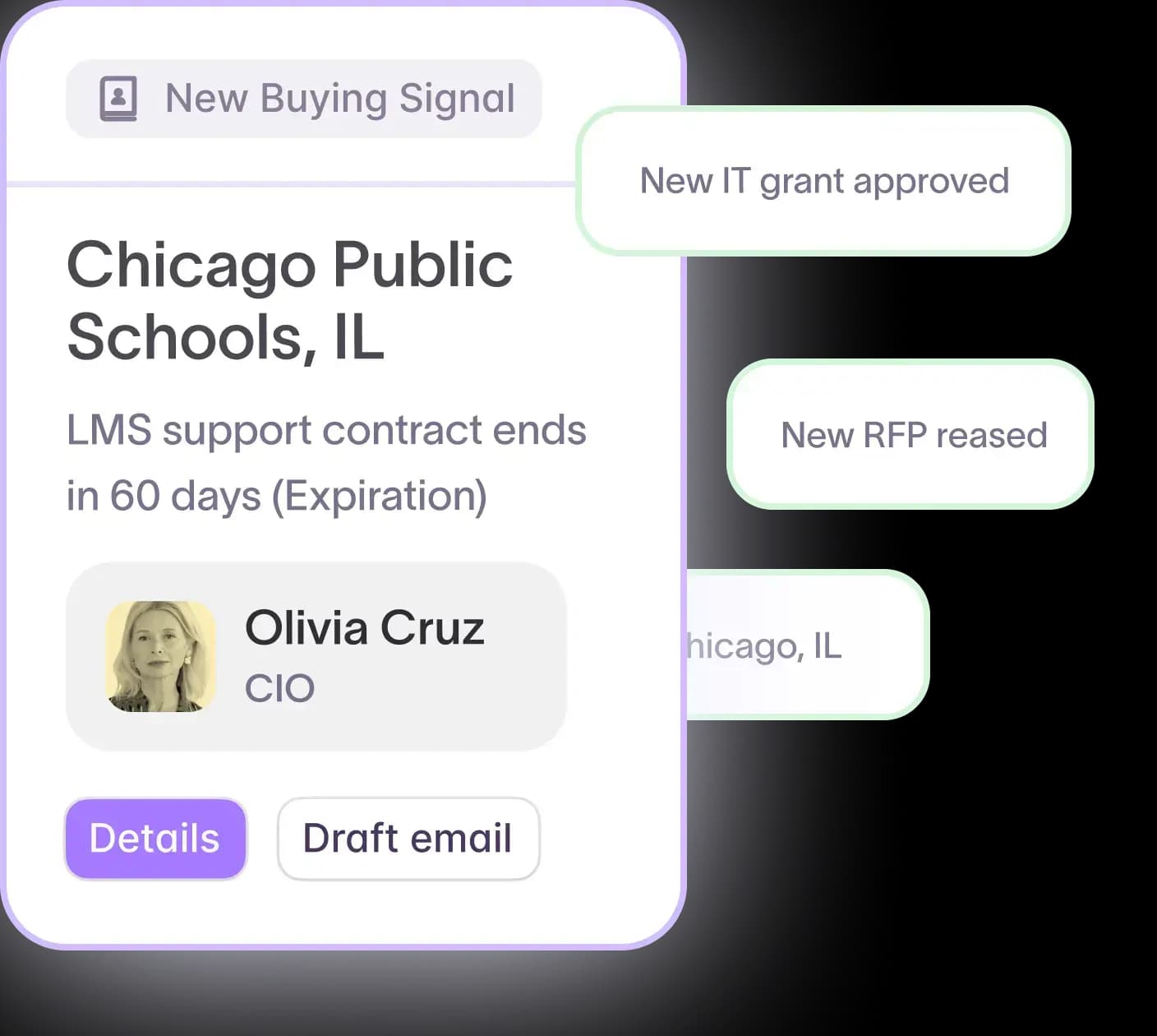 A buying-signal card for Chicago Public Schools showing an LMS support contract ending in 60 days, the district CIO as the named contact, and Details and Draft email actions